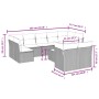 Graue 10-tlg. vidaXL Garten-Sofagarnitur aus Polyrattan mit Kissen und Maßangaben.
