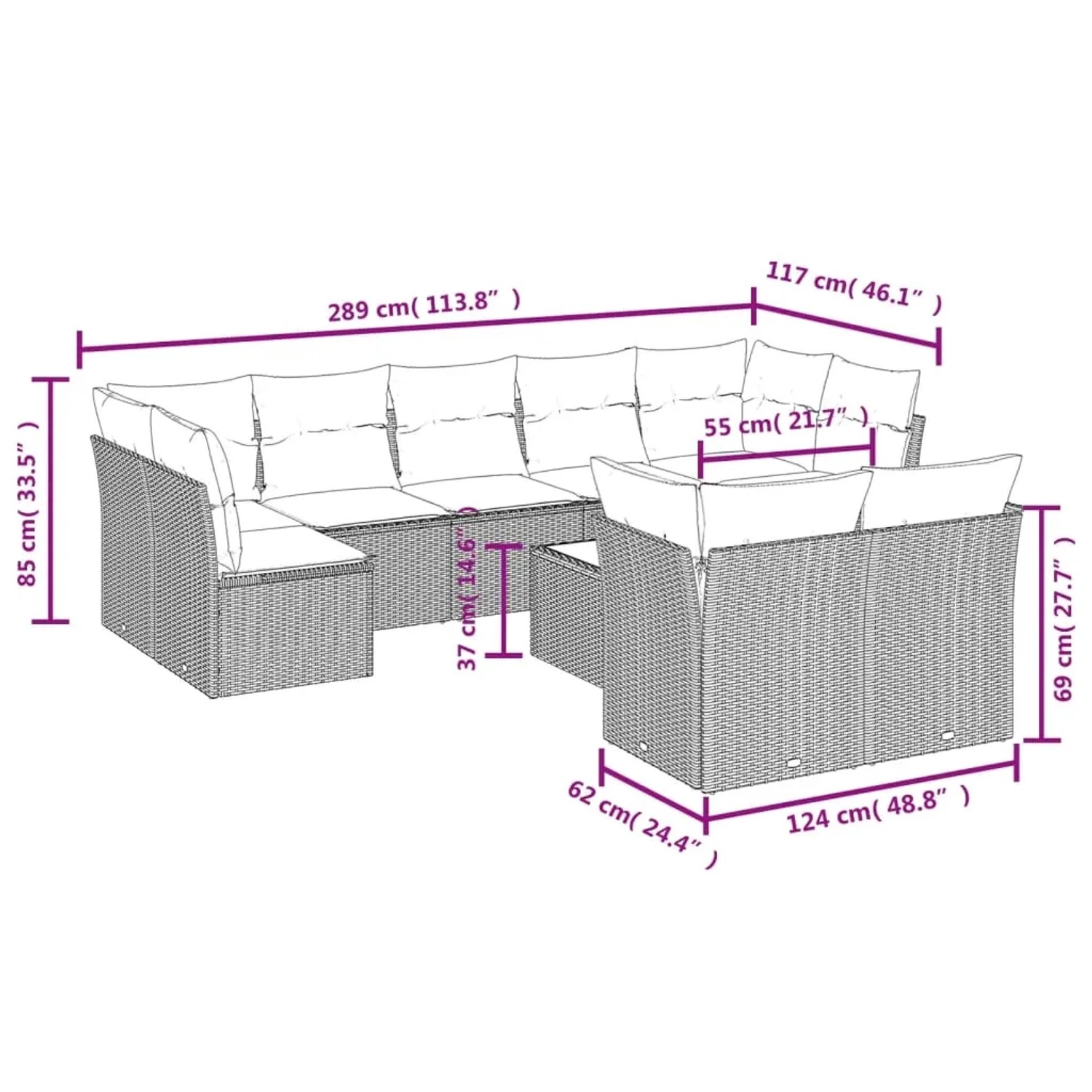 Graue 10-tlg. vidaXL Garten-Sofagarnitur aus Polyrattan mit Kissen und Maßangaben.