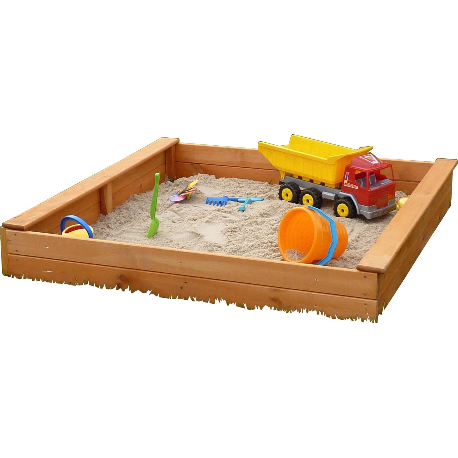 Quadratischer Promadino Sandkasten Multi Basis aus Kiefernholz mit Spielzeug und Sand.