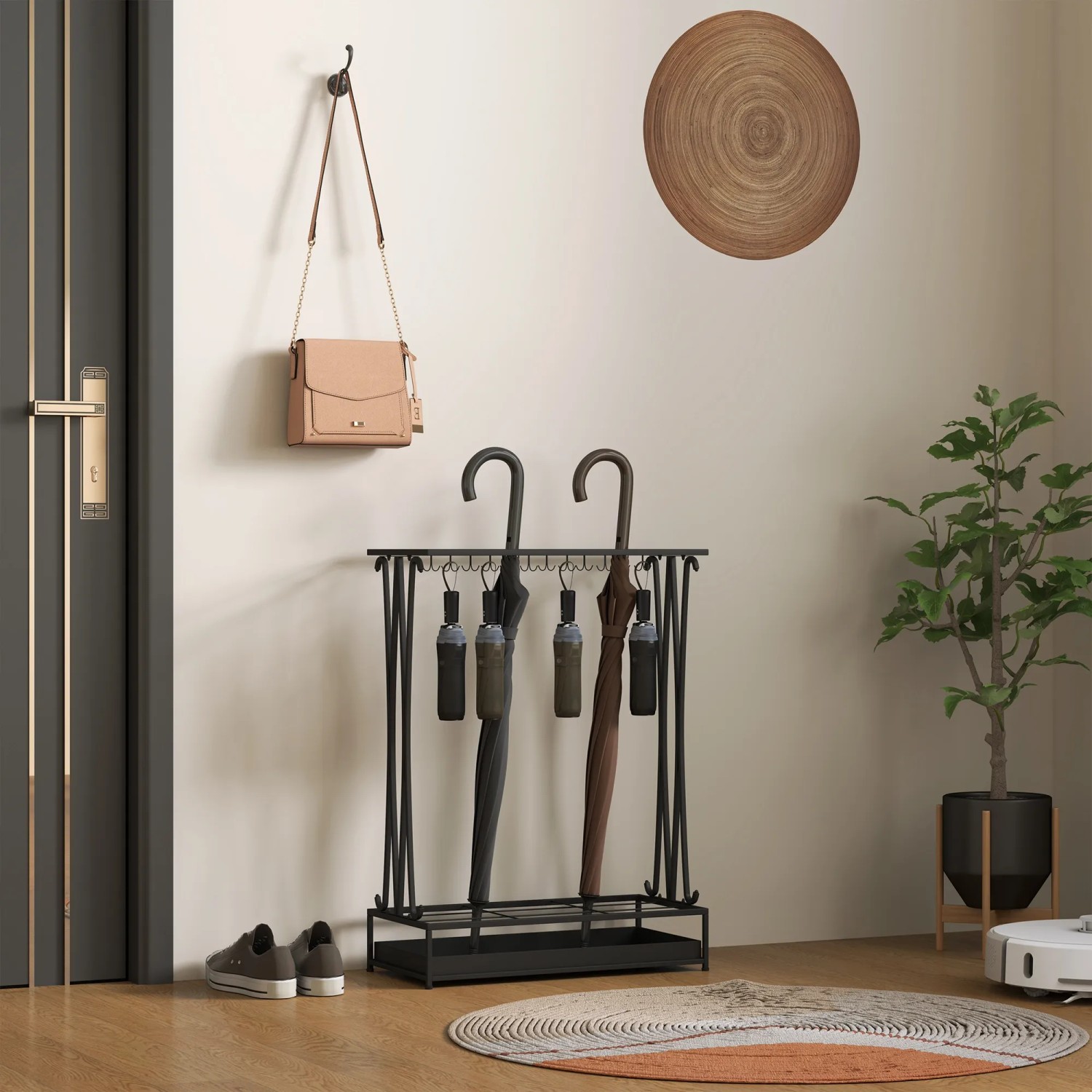 HOMCOM Schirmhalter aus Stahl, schwarz, mit 24 Haken und Auffangschale. Ideal für Flur und Büro.