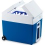 Blaue Mobicool Kühlbox MT48W mit Rollen, 48 Liter Fassungsvermögen und geöffnetem Deckel.