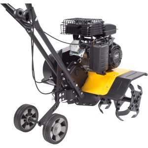 Texas Benzin-Motorhacke Lilli 365TG, Gartenhacke mit Transporträdern und gelben Elementen.