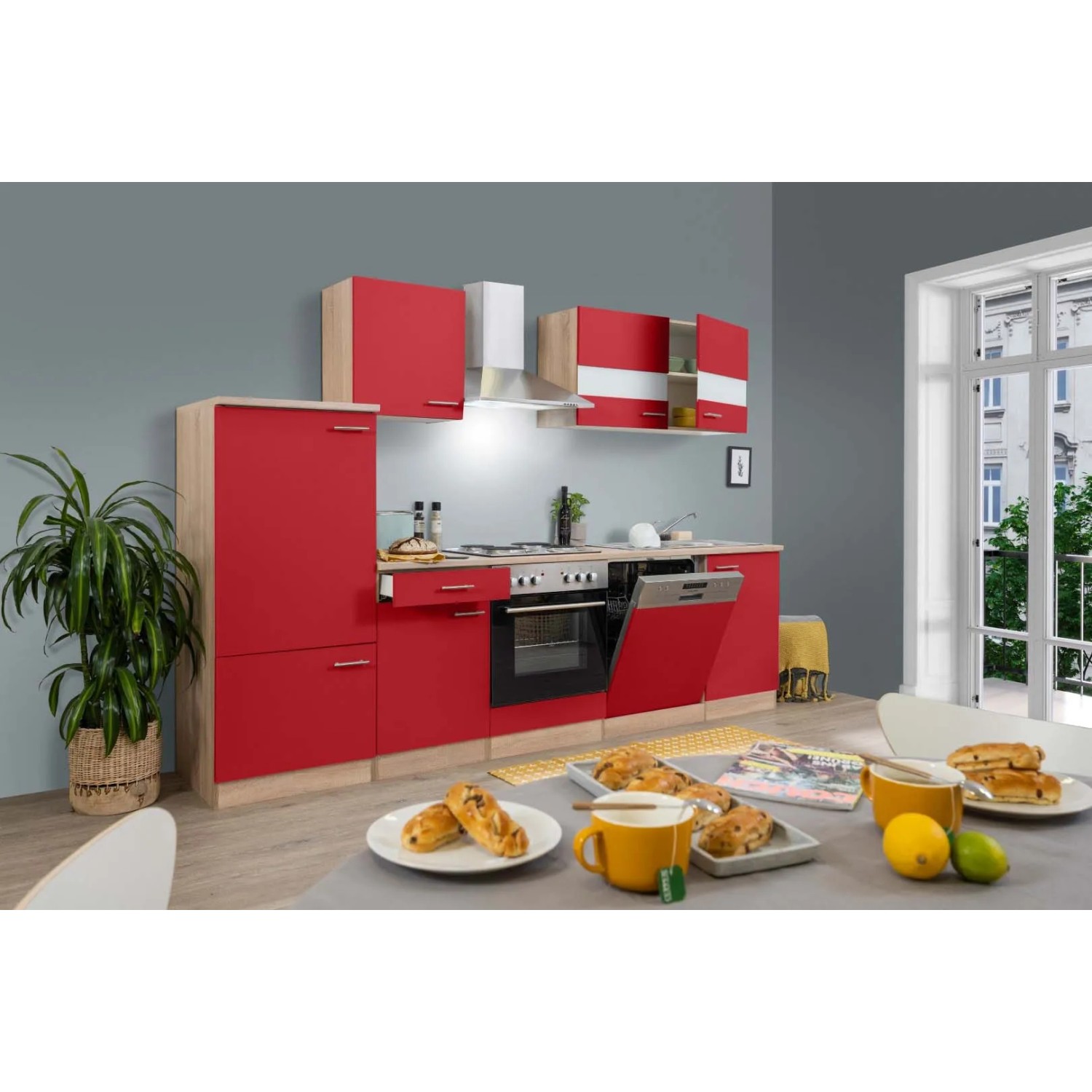 Respekta Küchenzeile LBKB280ESR 280 cm ohne Geräte Rot-Eiche Sonoma Sägerau