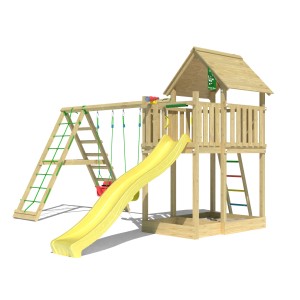 Jungle Gym Spielturm Canopy mit Doppelschaukel, Kletterbock und gelber Rutsche.