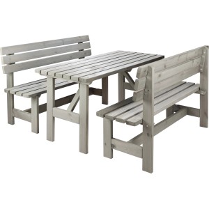 Graues Wilk Gartenmöbel-Set Robusto, 3-teilig aus FSC-Kiefernholz: Tisch und zwei Bänke.