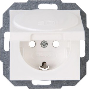 Kopp Steckdose Athenis, 1-fach, reinweiß mit Klappdeckel für erhöhten Berührungsschutz.