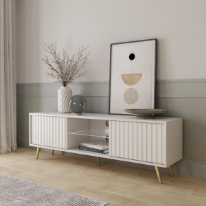 TV-Lowboard Bello 135 cm Weiß / Lamelle mit Goldenen Beinen