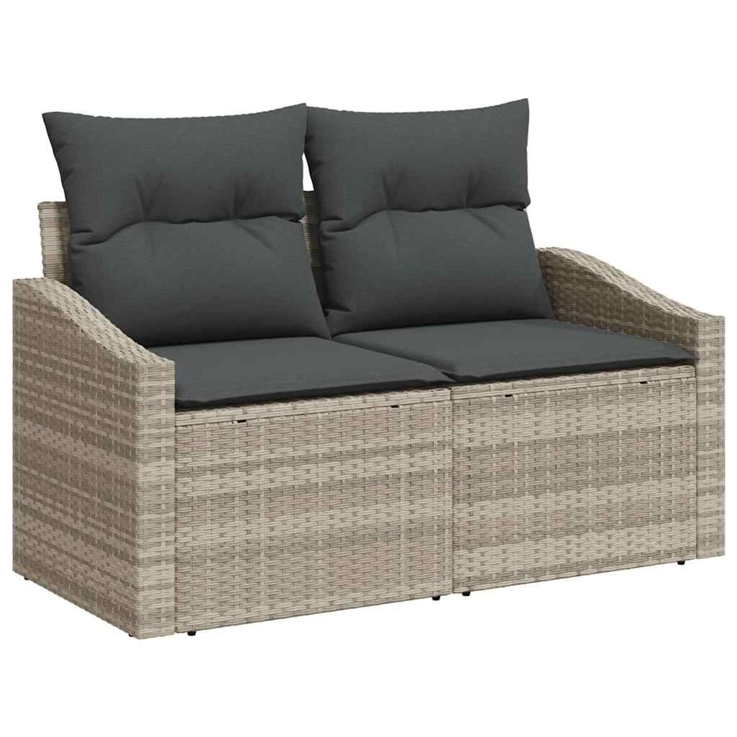 Hellgraues 6-tlg. Garten-Sofa-Set aus Polyrattan mit grauen Kissen.