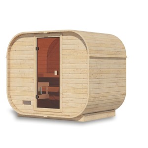 Karibu Fasssauna Quadro 1 Plus, naturbelassene Holzsauna mit Glastür und abgerundeten Ecken.