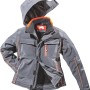 Graue Bullstar Thermo-Softshelljacke Ultra mit abnehmbarer Kapuze und orangen Akzenten.