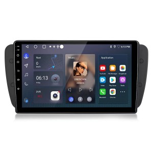 Schwarzes Junsun Autoradio mit 9-Zoll-Touchscreen für Seat Ibiza 6J. Zeigt Navi, Musik, Apps. Mit CarPlay, Android Auto, GPS.