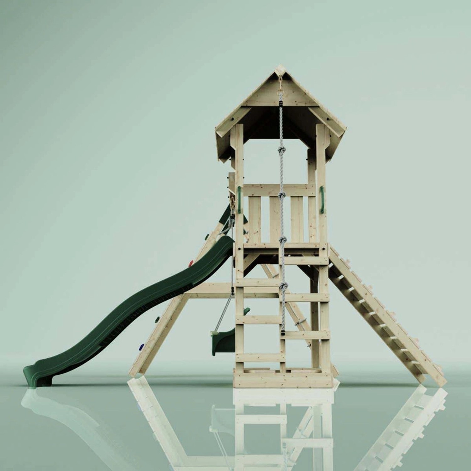 PolarPlay Spielturm Trondheim mit Rutsche, Kletterwand und Babyschaukel aus Holz.