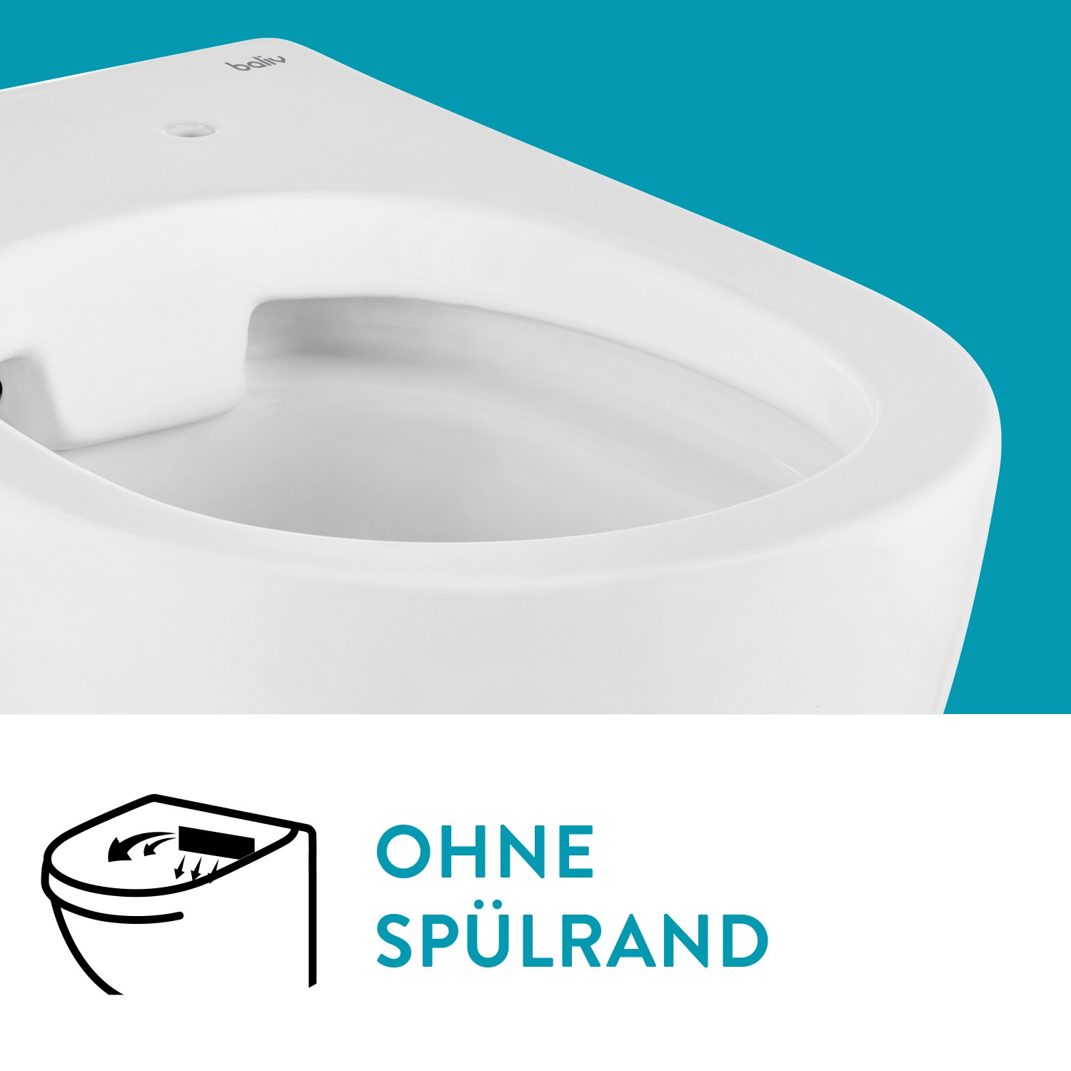 Detailaufnahme des weißen, spülrandlosen Wand-WC Sets Rockport von baliv.