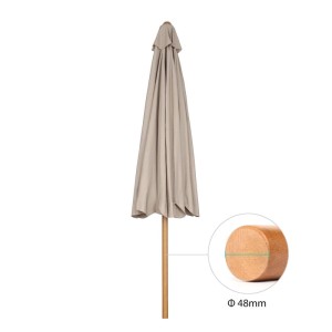 Sekey Holz Sonnenschirm, 300cm, Taupe, geschlossen. Detailaufnahme Mastdurchmesser 48mm.