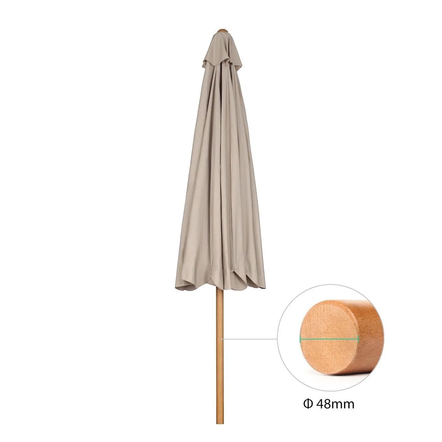 Sekey Holz Sonnenschirm, 300cm, Taupe, geschlossen. Detailaufnahme Mastdurchmesser 48mm.