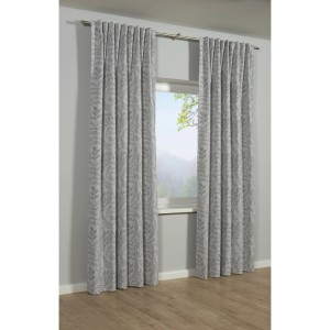 Blickdichter, grauer Bennetti Schal mit Blätterranken-Muster für Gardinenstange oder -schiene.