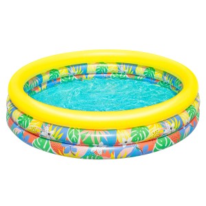 Bestway Planschbecken Floral Paradise mit floralem Muster und gelbem Rand, gefüllt mit Wasser.