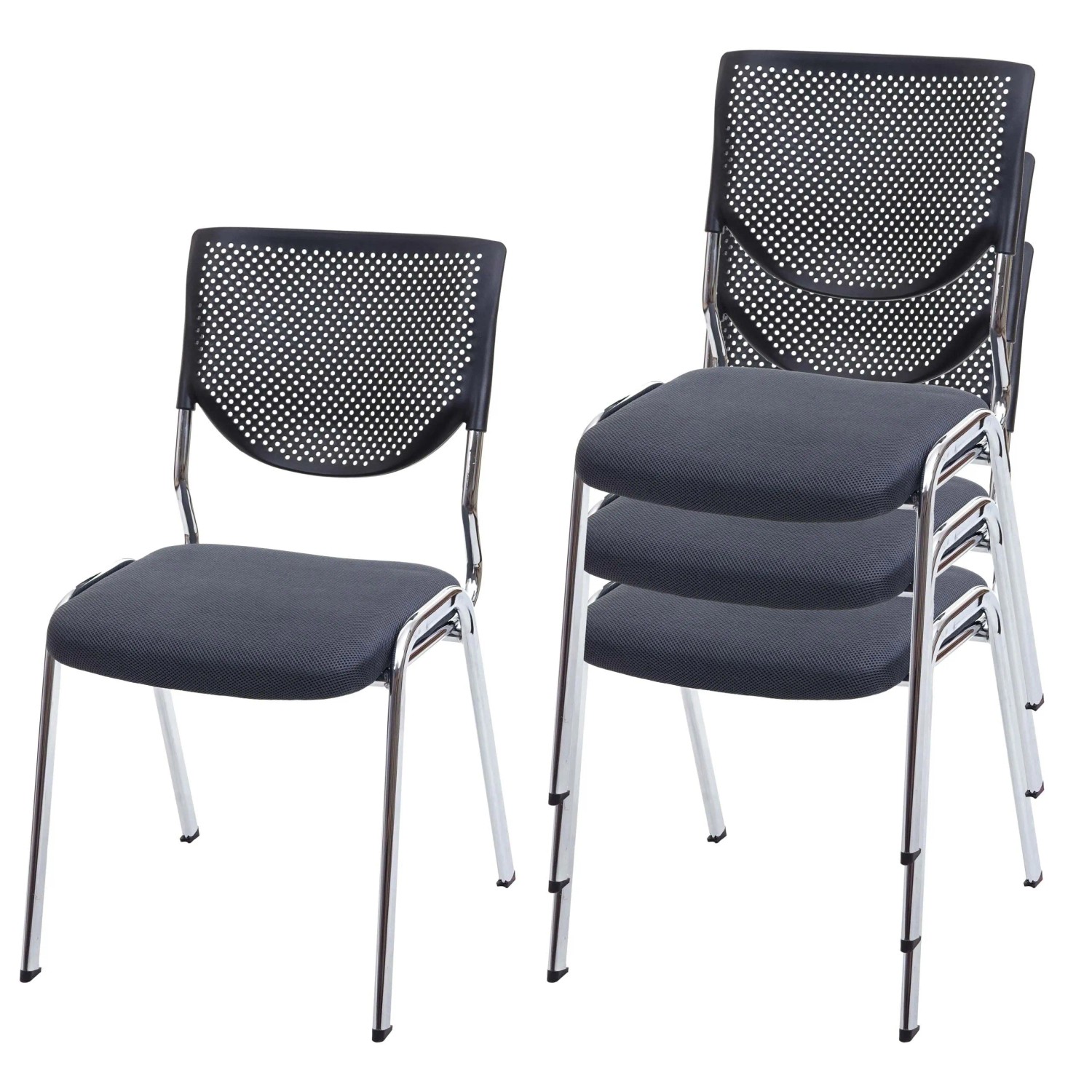 Mcw 4er-Set Besucherstuhl T401 Stapelbar Stoff/Textil Sitz Dunkelgrau Füße Chrom