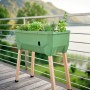 Gusta Garden Sammy Salad Anzuchtsgefäß, 15 L, dunkelgrün, mit Holzbeinen und Kräutern bepflanzt.
