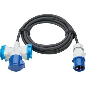 Schwarzblaues 5 m Caravan Verlängerungskabel mit CEE Stecker und 2-fach Verteiler.