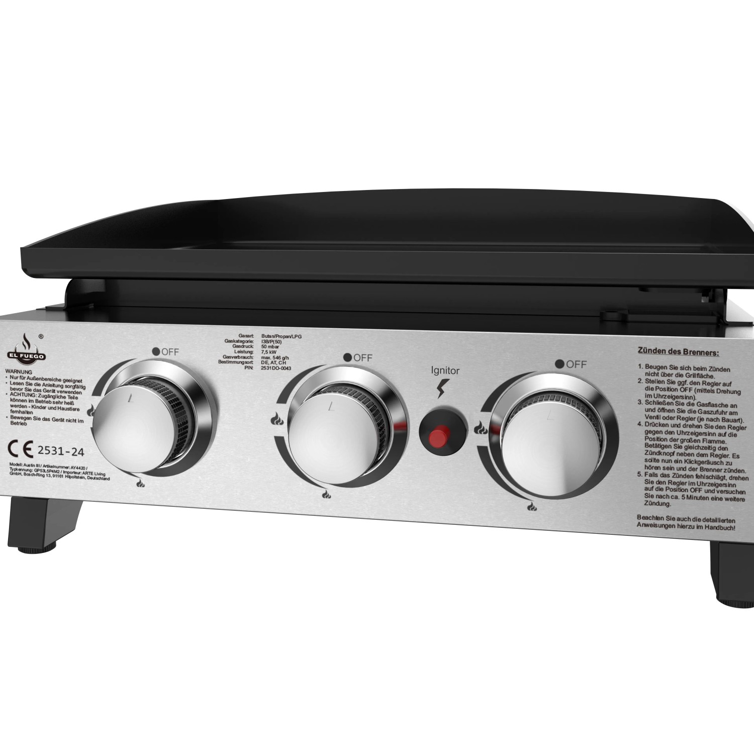 El Fuego Plancha Austin III Gasgrill mit emaillierter Grillplatte und drei Reglern.