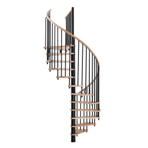 Minka Spindeltreppe Spiral Wood Buche, schwarz, Ø 120 cm. Holztreppe mit Metallgeländer.