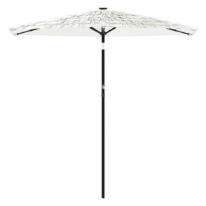 Weißer quadratischer Sonnenschirm mit strukturiertem Strohdach und schwarzem Stahlmast. Ideal für Garten & Terrasse.