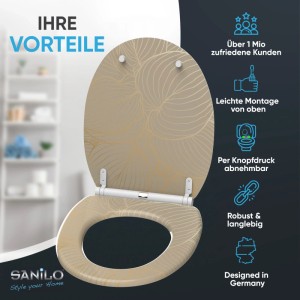 SANILO WC-Sitz Hosta mit Absenkautomatik und Top-Fix-Befestigung, beige mit Blattmuster.
