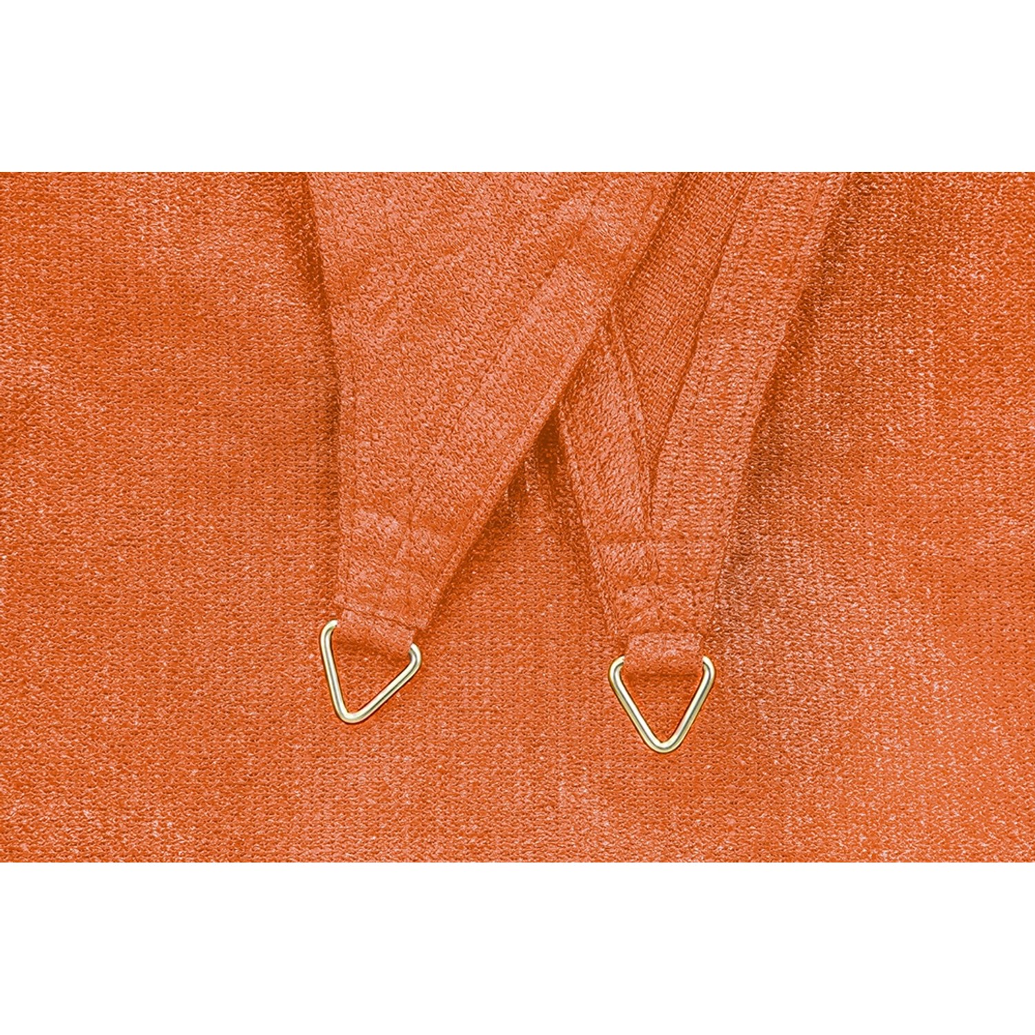 Detailaufnahme: Terracottafarbenes Schneider Sonnensegel Teneriffa mit Edelstahl-Befestigungsringen.