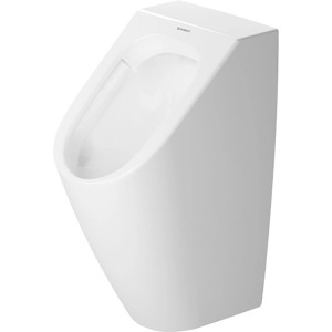 Weißes Duravit Wandurinal Me by Starck, spülrandlos mit Zulauf von hinten.