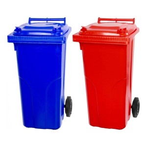 PROREGAL Mülltonnen SuperSparSet: 2 blaue und rote 120-Liter Mülltonnen aus HDPE-Kunststoff mit Rädern.