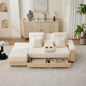 Beiges Merax Schlafsofa mit Chenille-Bezug, modularem Design, ausziehbaren Schubladen und Getränkehalter.