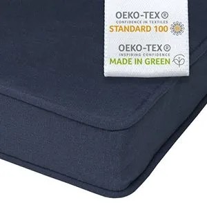 Dunkelblaue Beautissu Hollywoodschaukelauflage, Detailansicht des Polsters mit OEKO-TEX Standard 100 Etikett. Bequemes Sitzkissen.