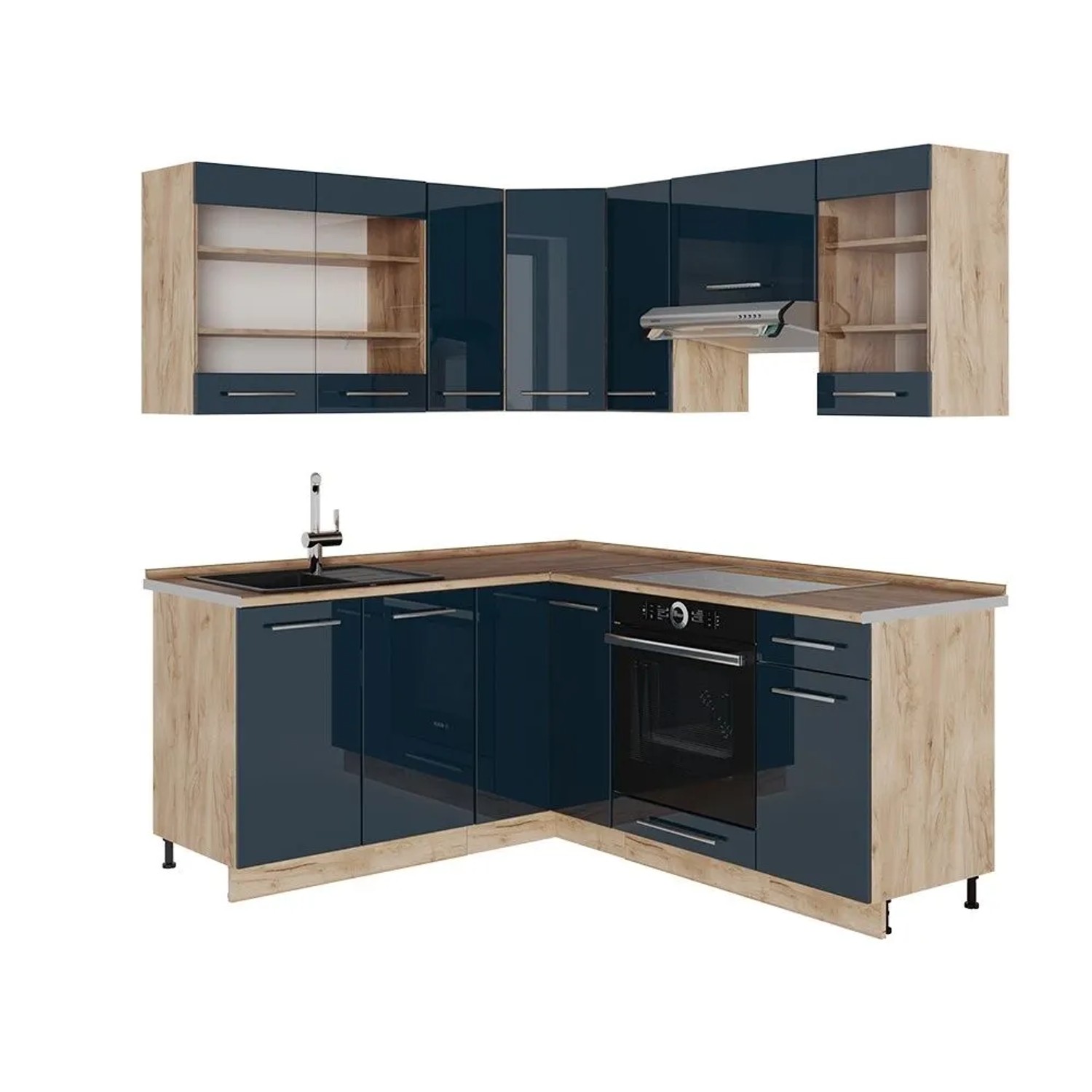 Vicco Eckküche Fame-Line Dunkelblau Hochglanz/Goldkraft Eiche 190 x 82 ohne Arbeitsplatte