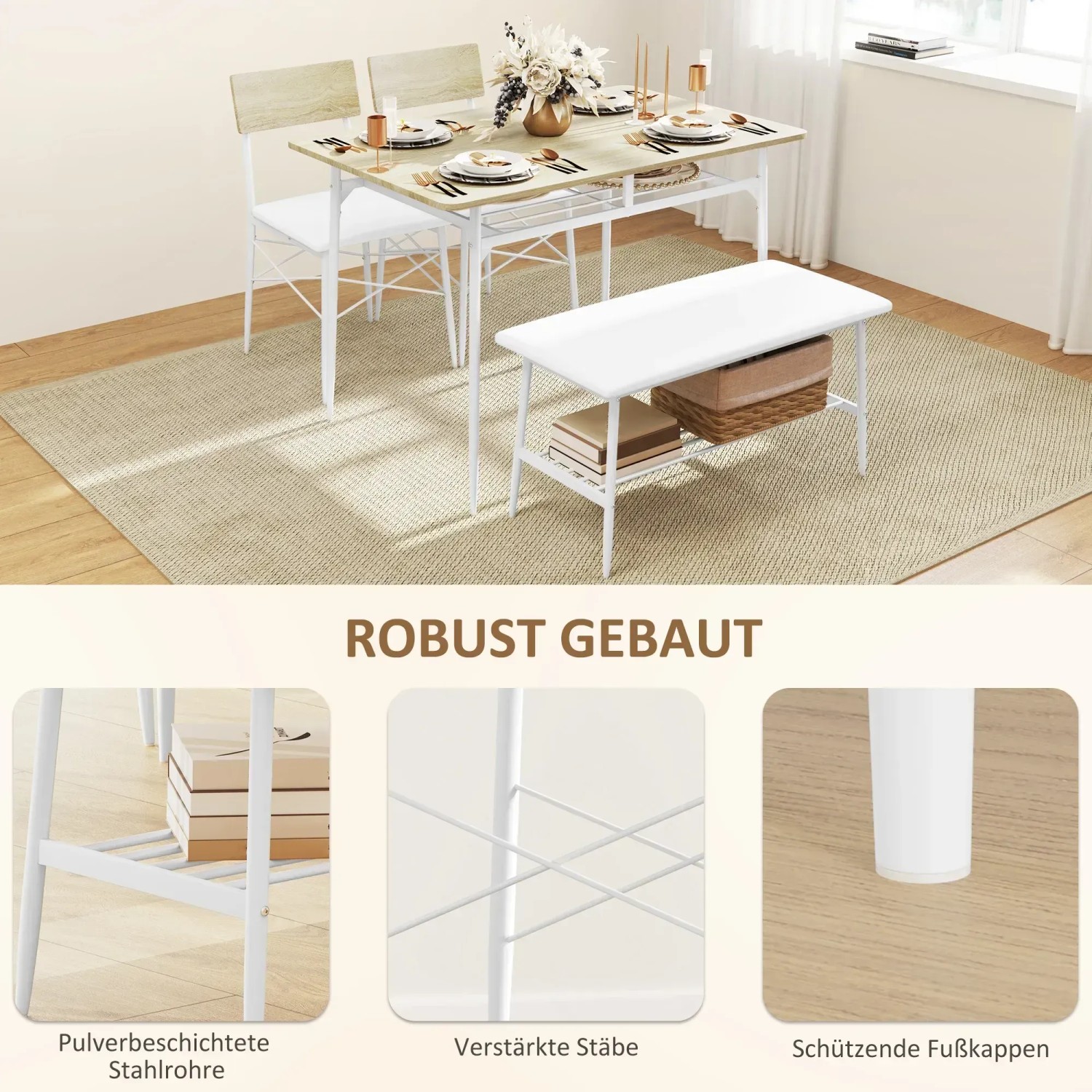 HOMCOM Essgruppe mit Tisch, 2 Stühlen und Bank in Eiche/Weiß. Ideal für kleine Küchen.