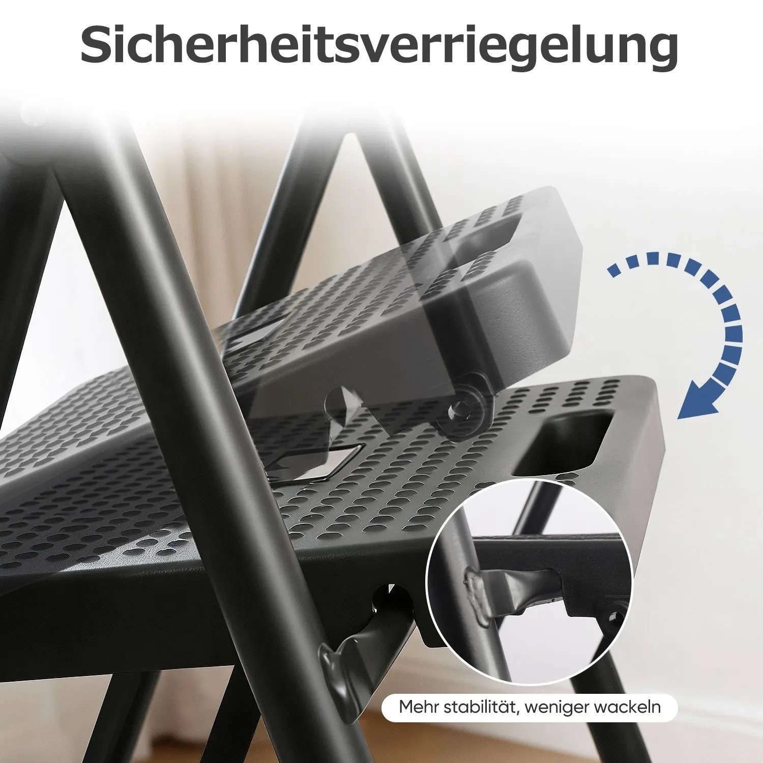 Sicherheitsverriegelung des schwarzen Sekey Klapptritts mit 3 Anti-Rutsch-Stufen. Zeigt den Mechanismus für Stabilität.