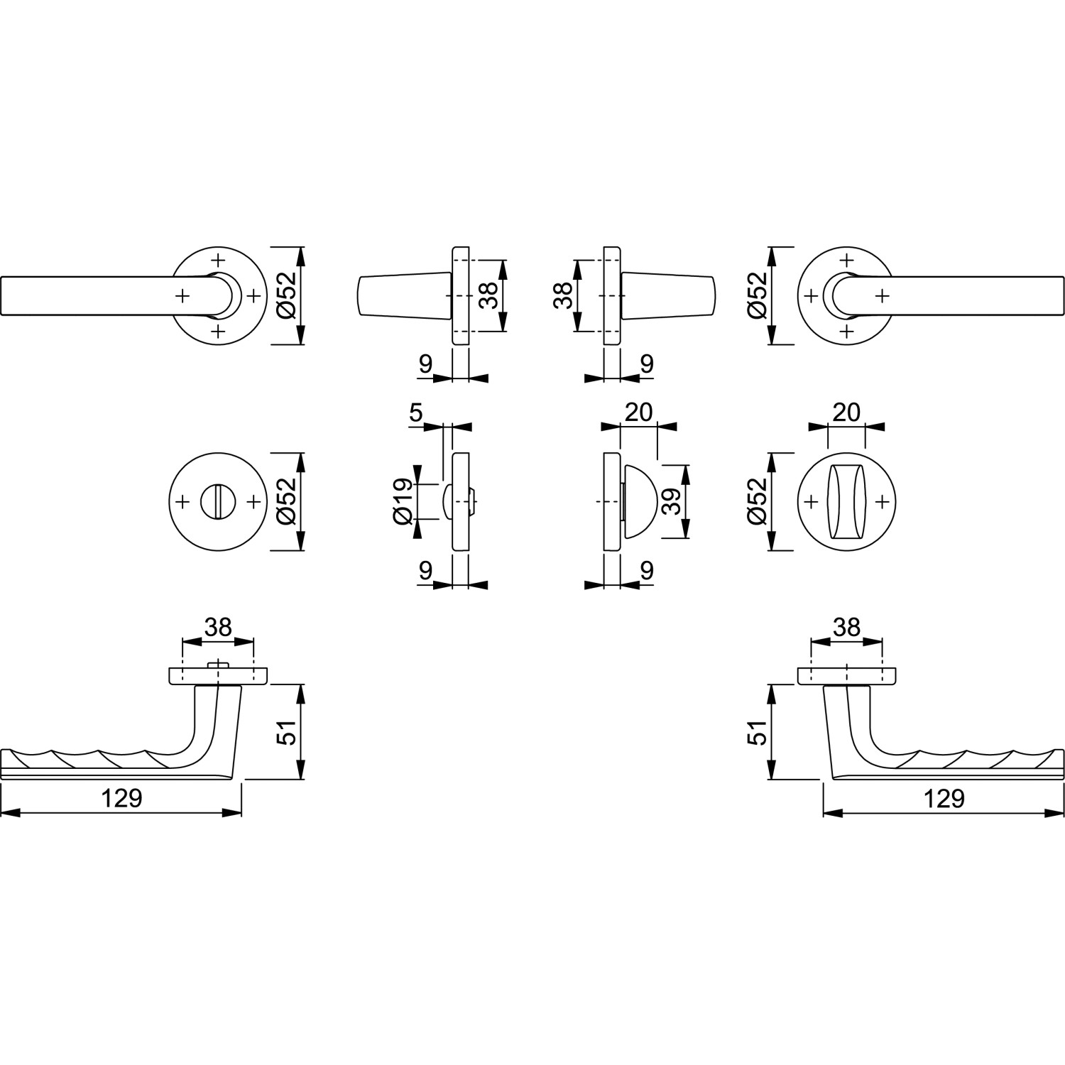 Technische Zeichnung: Hoppe Rosetten Garnitur Hamburg Weiß WC, Türbeschlag mit Maßen.