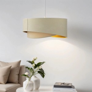 Licht-Erlebnisse Pendelleuchte E27 Ø 50 cm Rund Velours Stoff In Creme Gold