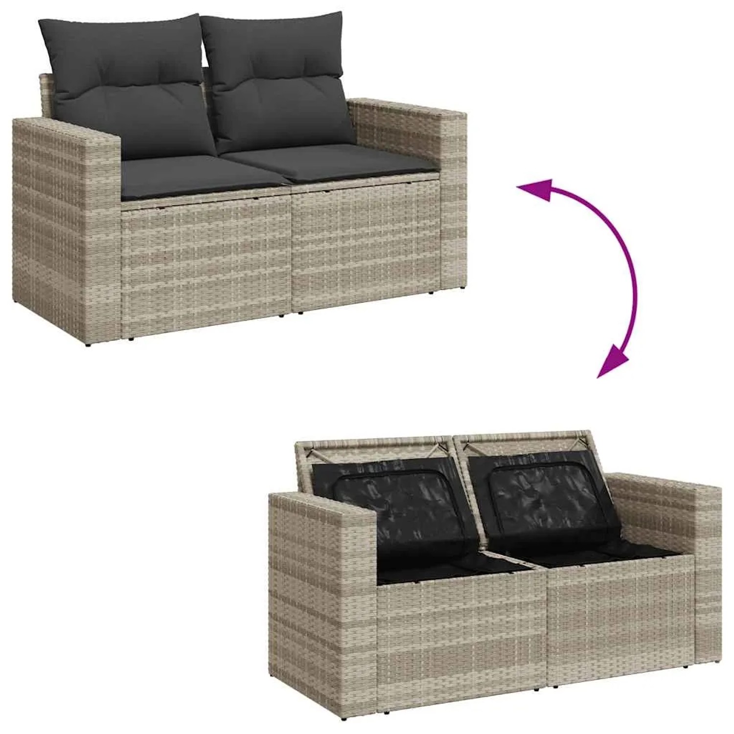 Hellgraue 5-tlg. Garten-Sofagarnitur aus Rattan mit Kissen und Stauraum unter den Sitzen.