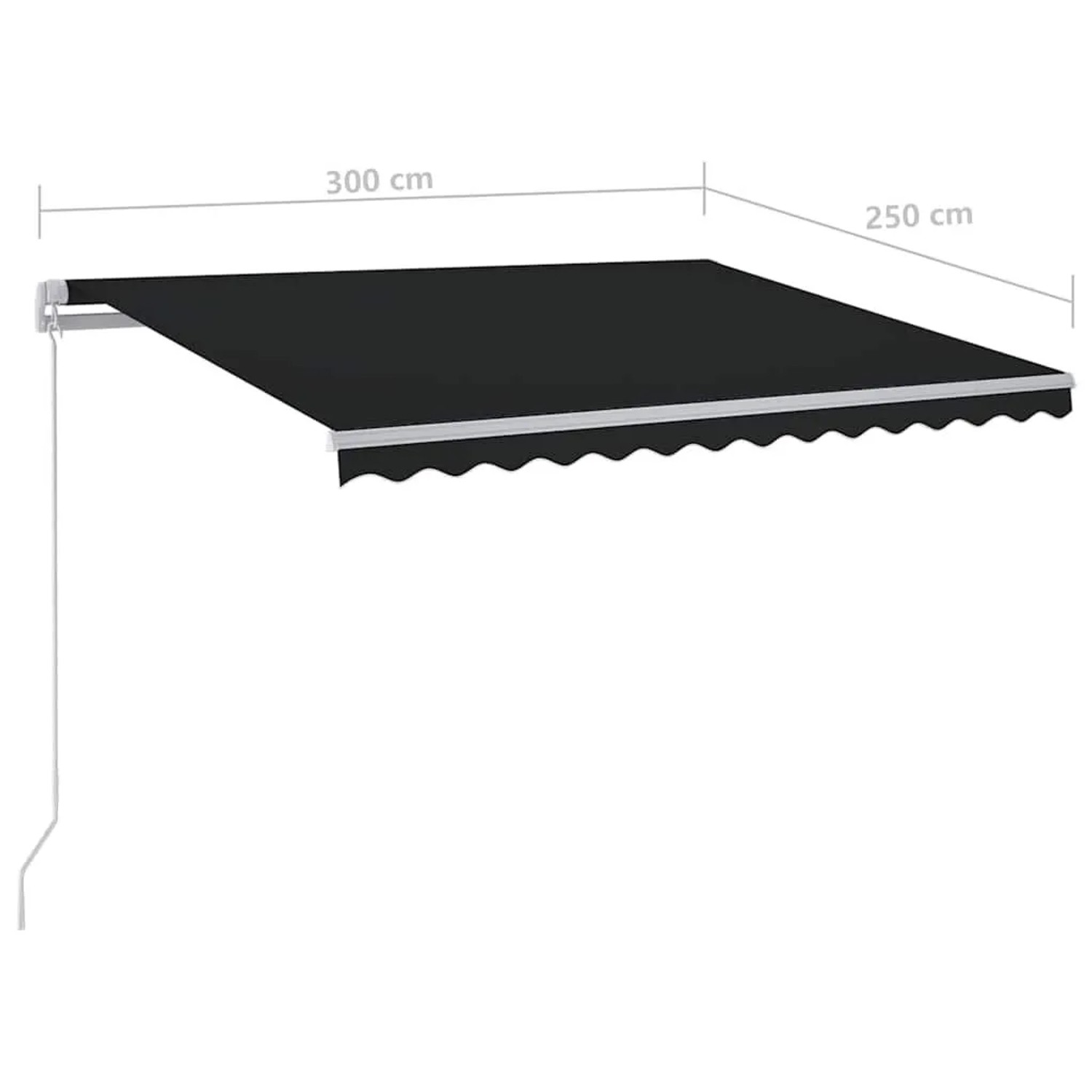 Ausgefahrene anthrazitfarbene Markise 300x250 cm mit weißem Rahmen und Kurbel. Manuell einziehbarer Sonnenschutz mit LED.