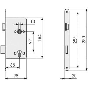 Technische Zeichnung Abus Haustür-Einsteckschloss mit Maßen.