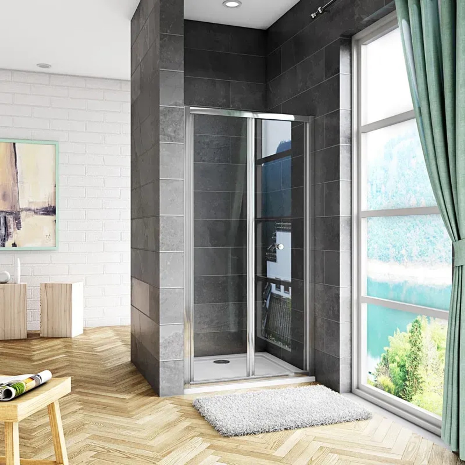 AICA Klapptür Duschkabine 90x185cm mit ESG Glas und Chromrahmen im Badezimmer.