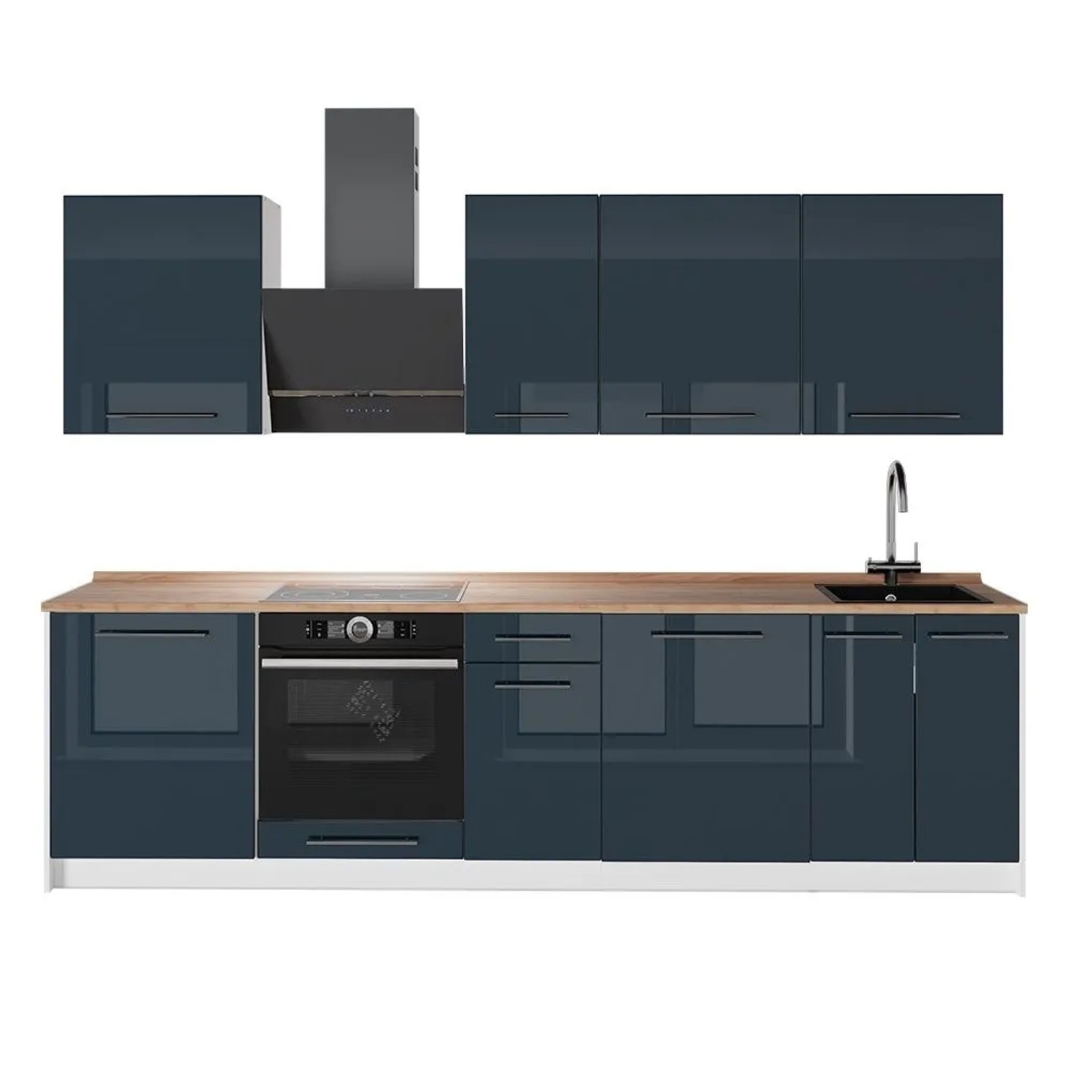 Vicco Küchenzeile Fame-Line Dunkelblau Hochglanz/Weiß 280 x 82 AP Eiche Art Nr 64234