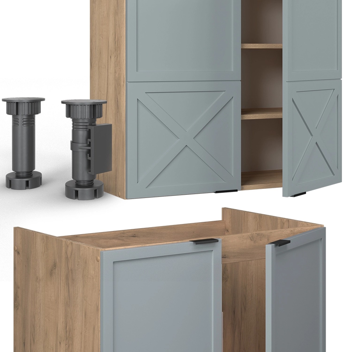 Vicco Fame-Line Küchenzeile in Hellblau-Grau/Goldkraft Eiche mit Füßen und Marmor Arbeitsplatte.