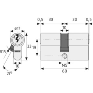 Technische Zeichnung Abus Profilzylinder E30NP 30/55 mit Maßen.