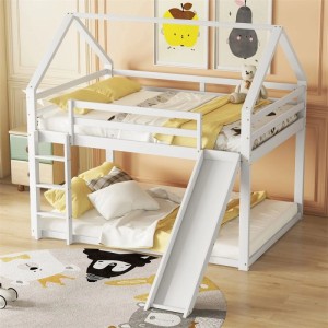 KOMHTOM Kinderbett 140x200Cm  Hausbett  Etagenbett Mit Rutsche Und Leiter  Doppelbett  Kiefernholz  Weiß