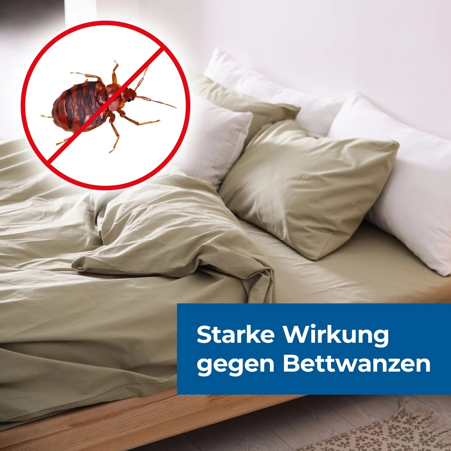 Bett mit Bettwanze im roten Kreis, Protect Home Ungezieferspray hilft.