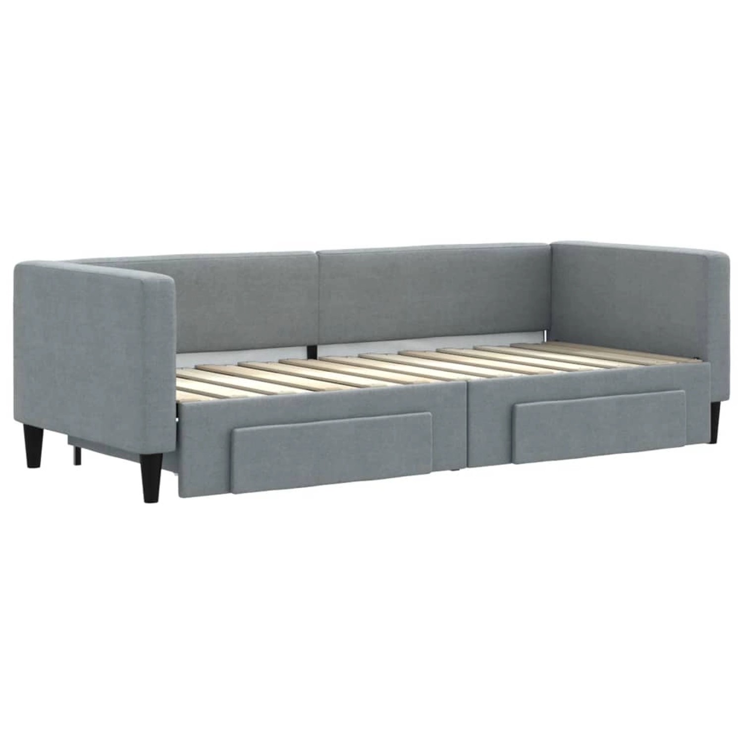 Ausziehbares, hellgraues Tagesbett mit Schubladen (80x200 cm) aus Stoff.