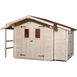 Unbehandeltes Weka Holz-Gartenhaus Bologna Plus mit Satteldach und Anbau, 340x258 cm.