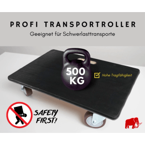 Schwarzer Profi Transportroller mit Gummibelag und 4 Rollen, demonstriert 500 kg Traglast für Schwerlasttransporte.